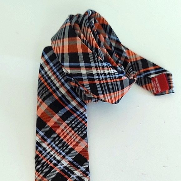 Original Penguin | Plaid Silk Tie | Black Orange Blue White | Unisex - Picture 3 of 9